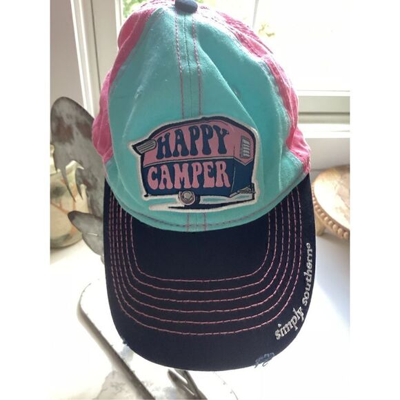 Simply Southern Happy Camper Embroidered Pink Teal Baseball Hat Cap Distressed - Picture 2 of 8